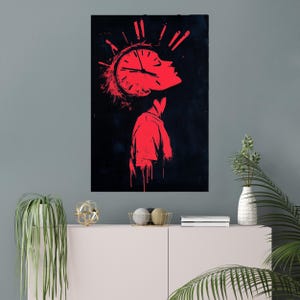 May include: A red silhouette of a person with a clock face for a head, with clock hands sticking out like hair. The background is black.