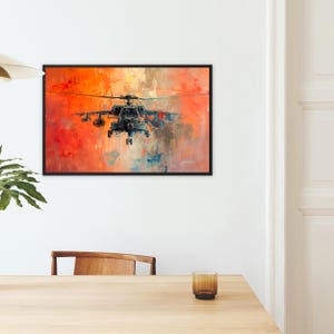 May include: A black and grey helicopter flying through an abstract background of red, orange and blue. The helicopter is in focus, while the background is blurred.