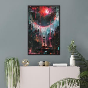 May include: A digital art print depicting a young person standing in a futuristic city with a large red planet in the background. The city is made up of tall buildings and the planet is surrounded by a ring of light.