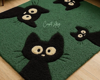 Hand-Tufted Black Cat Rug | Emerald Green Animal Carpet