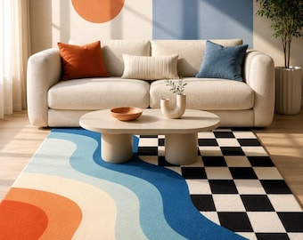 Blue Checkerboard Wave Wool Rug, Hand Tufted Retro Geometric Carpet, Dopamine Decor