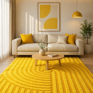3D Mustard Yellow Rug - Golden Maze Hand Tufted Area Decor - Geometric Carved High-Low Pile Carpet - Modern Sun Burst Mat