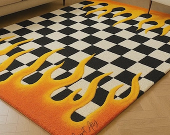 Hand-Tufted Checker & Flame Graphic Rug - Bold Urban Statement Piece