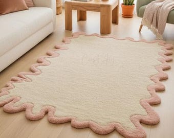 Ivory Pink Wavy Border Wool Rug, Hand Tufted Irregular Carpet, Soft Pastel Decor