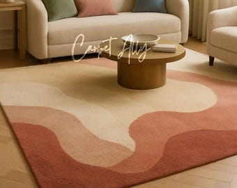 Ivory Blush Terracotta Wool Rug, Hand Tufted Organic Wave Carpet, Soft Modern Decor