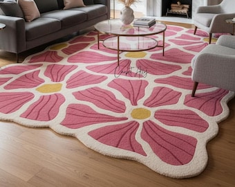Pink Floral Wool Rug, Hand Tufted Irregular Flower Carpet, Dopamine Botanical Decor