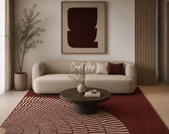 3D Burgundy Radial Rug - Wine Red Hand Tufted Area Decor - Circular Fan Geometric High-Low Pile Carpet - Maroon Art Mat