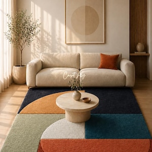 Abstract Arch Geometric Rug - Earthy Terracotta Sage Area Decor - Hand Tufted Mid Century Modern Carpet - Bold Art Mat