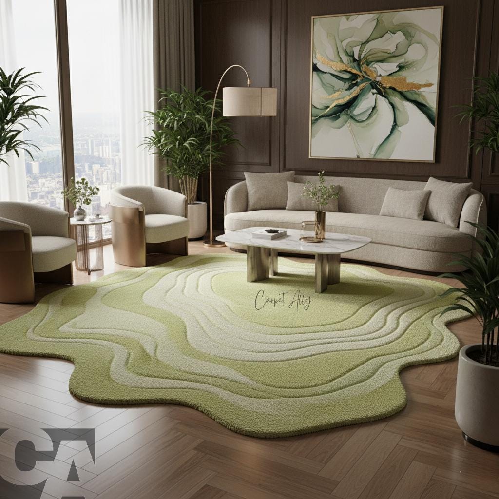 ハンドタフテッドニュージーランドウールラグ｜セージグリーンの抽象的