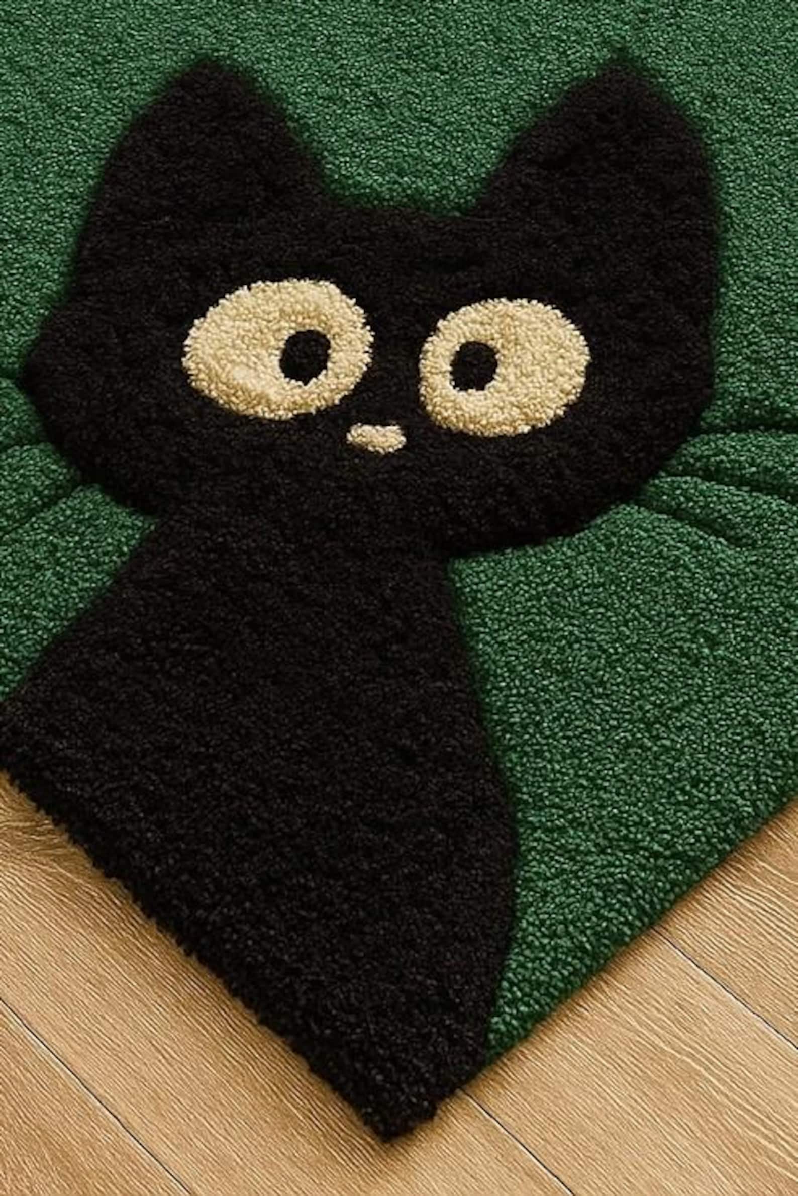 Black Cat Green Wool Rug, Hand Tufted Animal Carpet, Cute Halloween ...