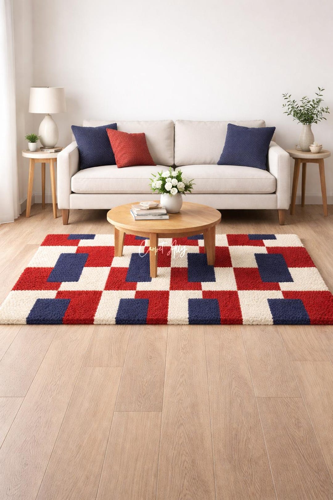 Bauhaus Color Block Rug - Navy Red Cream Checkered Area Decor - Hand ...