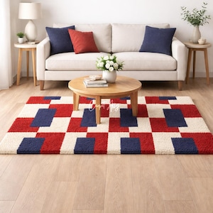 Bauhaus Color Block Rug - Navy Red Cream Checkered Area Decor - Hand Tufted Geometric Shag Carpet - Bold Modern Floor Mat