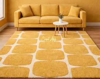 Mustard Checkered Rug, Warm Dopamine Decor Carpet, Hand Tufted Wool Area Rug, Retro Grid Design