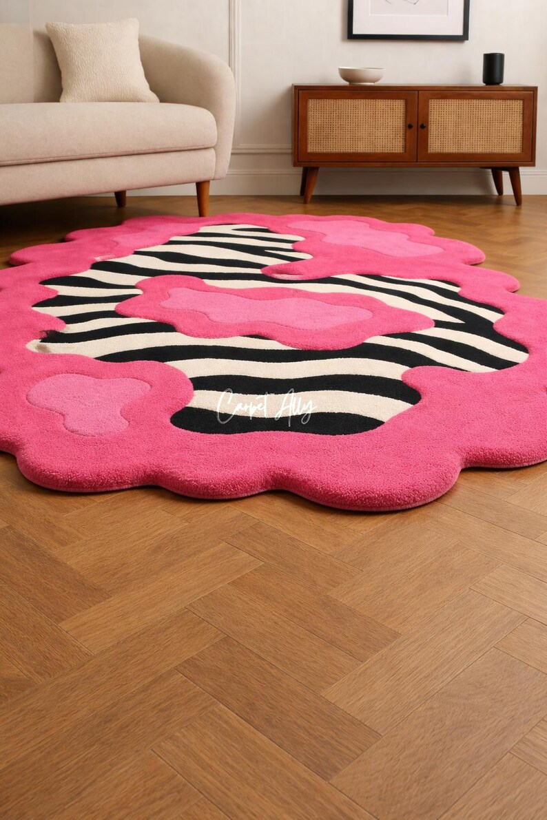 Hand-Tufted Zebra Rug | Hot Pink Abstract Pop Art Decor | Irregular Shape image 3