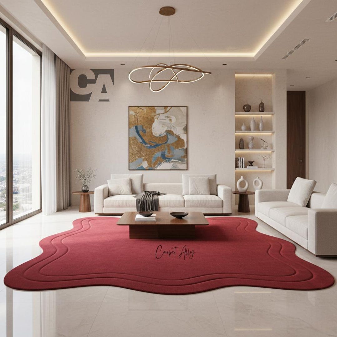 Red Wavy Rug Hand Tufted Deep Red Irregular Shape Area Rug | Wavy Edges Modern ...