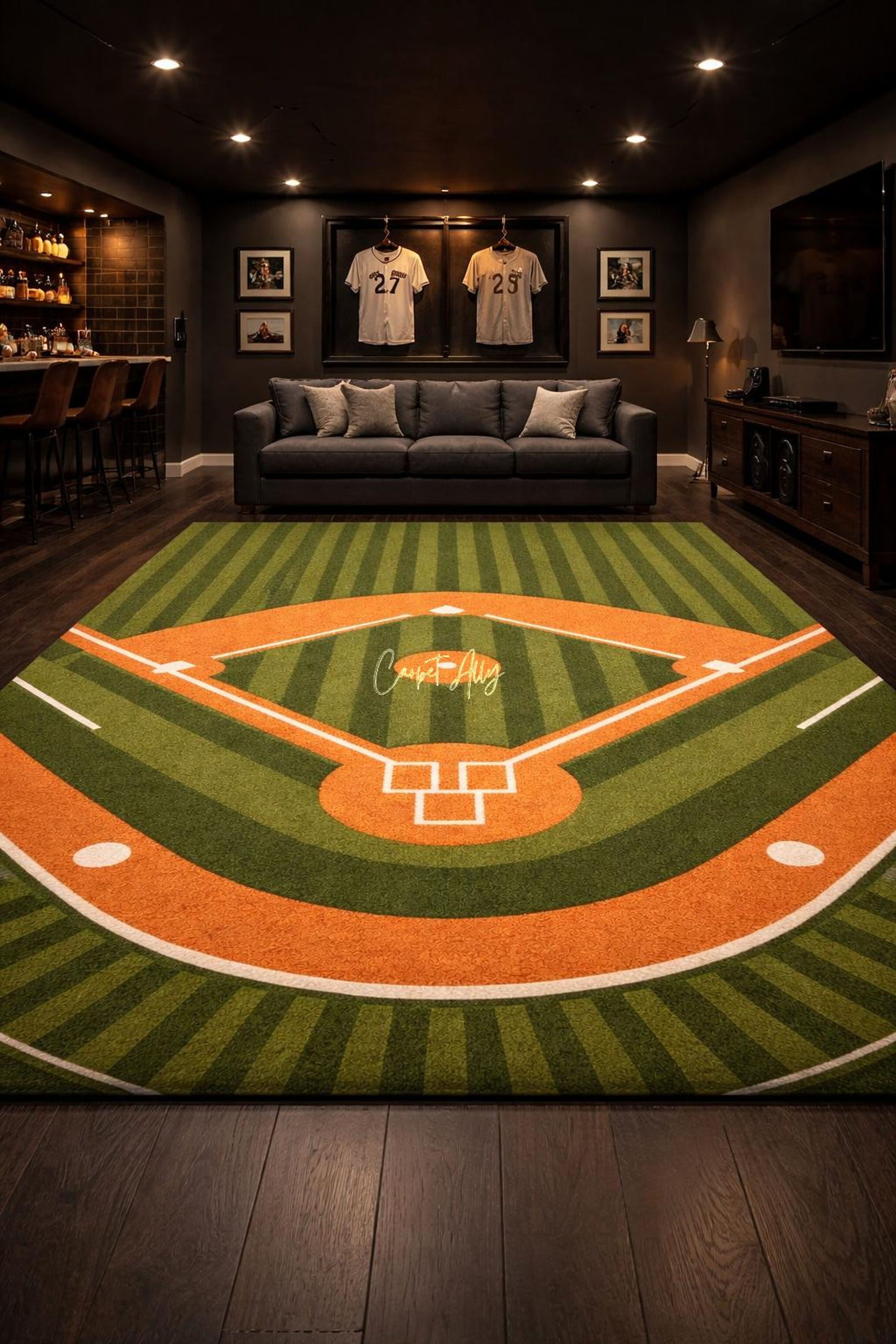 Green Baseball Field Wool Rug, Hand Tufted Sports Diamond Carpet, Game ...