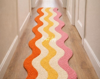 Orange Pink Wavy Wool Runner Rug, Hand Tufted Retro Stripe Carpet, Dopamine Decor