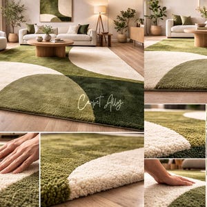 Hand tufted abstract area rug in olive green and ivory with organic curved design placed in a modern living room. Soft textured rug with nature inspired pattern and neutral tones, ideal for contemporary home décor, minimalist interiors, and living room styling.