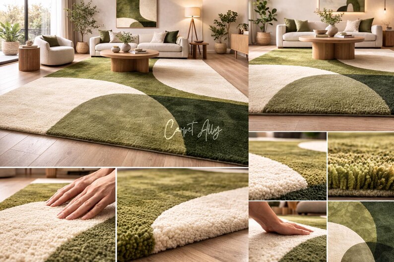Hand tufted abstract area rug in olive green and ivory with organic curved design placed in a modern living room. Soft textured rug with nature inspired pattern and neutral tones, ideal for contemporary home décor, minimalist interiors, and living room styling.