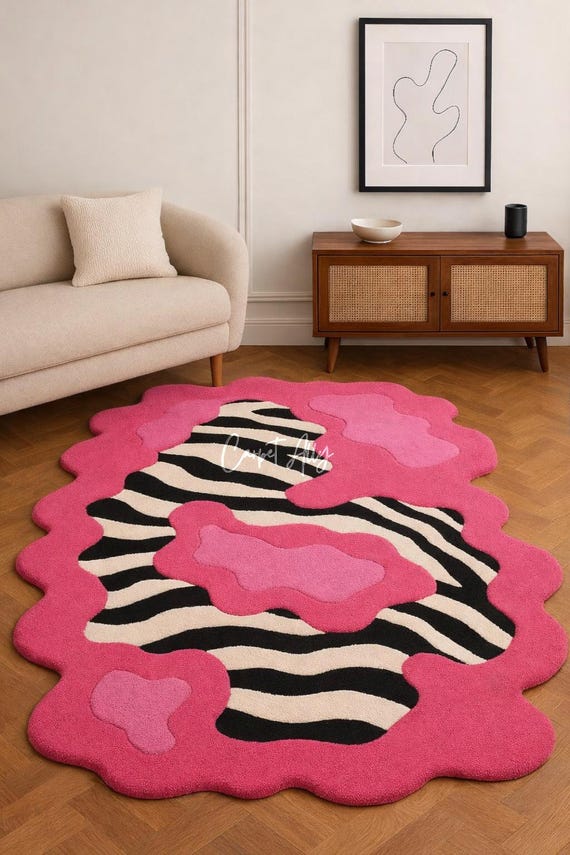 Hand-Tufted Zebra Rug | Hot Pink Abstract Pop Art Decor | Irregular Shape