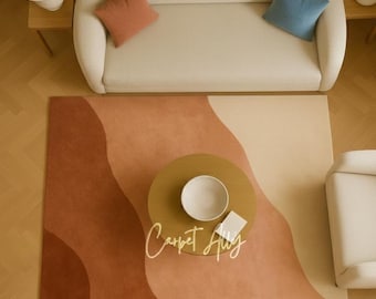 Terracotta Blush Abstract Wool Rug, Hand Tufted Wavy Color Block Carpet, Modern Decor