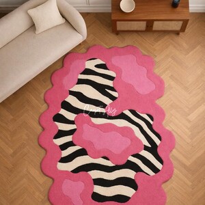 Hand-Tufted Zebra Rug | Hot Pink Abstract Pop Art Decor | Irregular Shape image 2