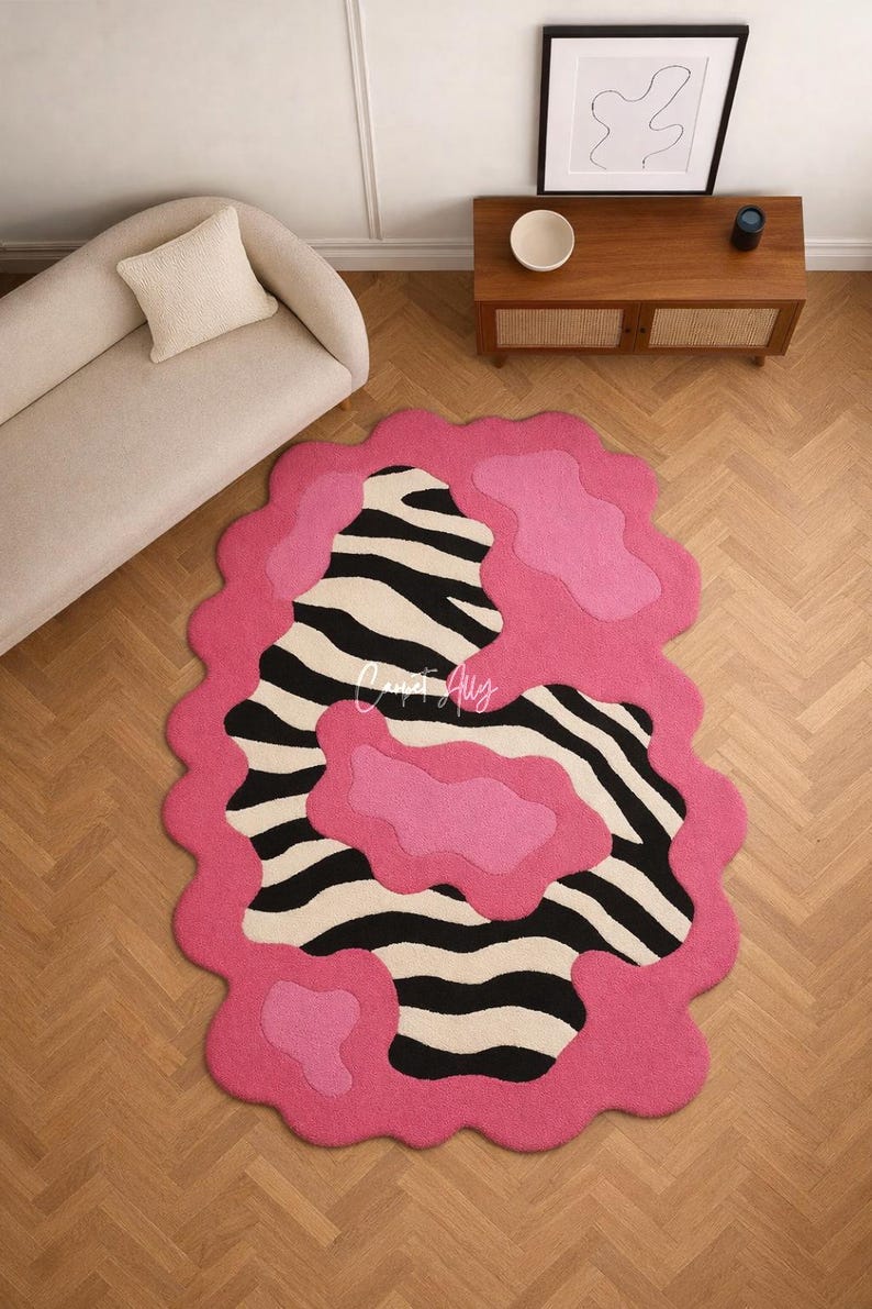 Hand-Tufted Zebra Rug | Hot Pink Abstract Pop Art Decor | Irregular Shape image 2