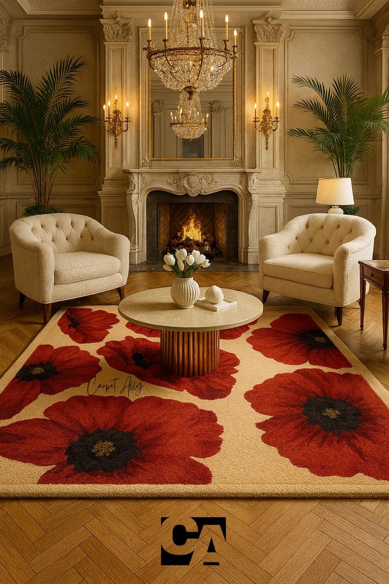 Red Poppy Wool Rug, Hand Tufted Floral Carpet, Luxury Handmade ...