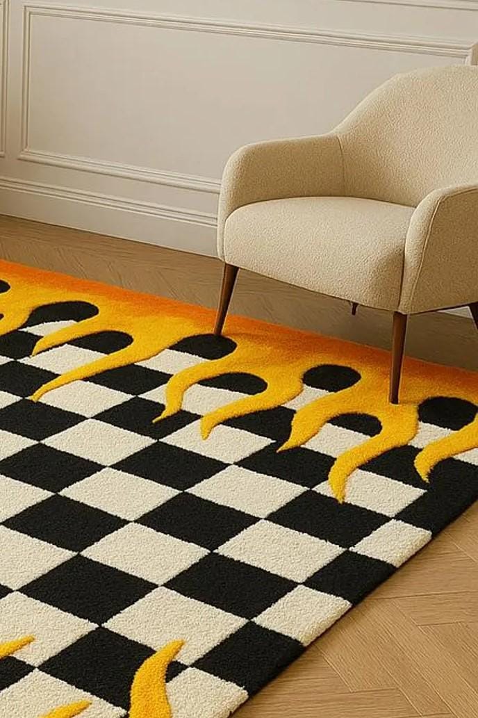 Flame Checkered Wool Rug, Hand Tufted Racing Checker Carpet, Bold ...