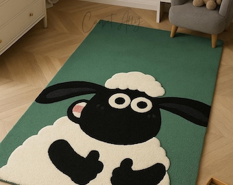 Cute Sheep Wool Rug, Hand Tufted Nursery Lamb Carpet, Soft Kids Room Handmade Decor