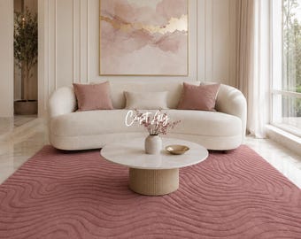 Blush Pink Hand Tufted Wool Rug, Wavy Carved Area Carpet, Modern Minimalist Decor