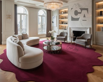 Modern magenta onregelmatig vloerkleed | Groot golvend gebeeldhouwd handgetuft wollen tapijt | Luxe statementdecor met funky bessenroze vorm