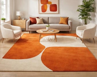 Orange Ivory Abstract Wool Rug, Hand Tufted Modern Geometric Carpet, Warm Minimal Decor