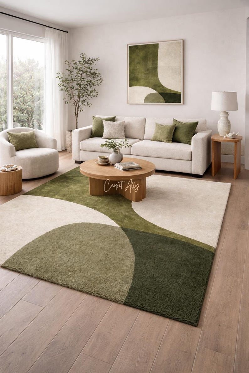 Hand tufted abstract area rug in olive green and ivory with organic curved design placed in a modern living room. Soft textured rug with nature inspired pattern and neutral tones, ideal for contemporary home décor, minimalist interiors, and living room styling.