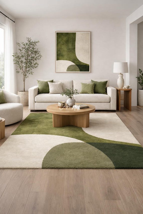 Sage Green Ivory Abstract Wool Rug, Hand Tufted Organic Color Block Carpet, Modern Decor