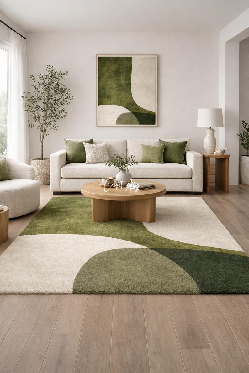 Hand tufted abstract area rug in olive green and ivory with organic curved design placed in a modern living room. Soft textured rug with nature inspired pattern and neutral tones, ideal for contemporary home décor, minimalist interiors, and living room styling.
