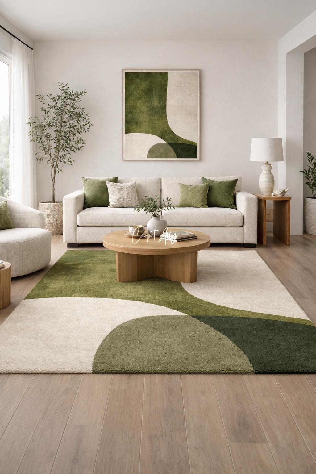 Organic Abstract Area Rug, Olive Ivory Modern Carpet, Hand Tufted ...