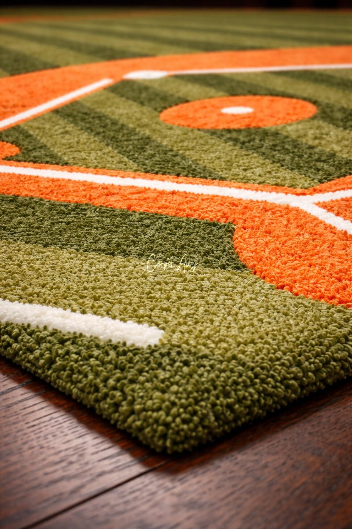 Green Baseball Field Wool Rug, Hand Tufted Sports Diamond Carpet, Game ...