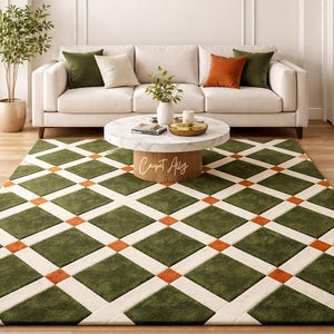 Alfombra de celosía verde oliva - Decoración de área con diseño de rombos terracota - Alfombra de pelo alto y bajo a cuadros verde salvia - Alfombra moderna de musgo