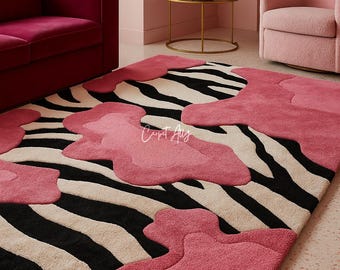 3D Hot Pink Zebra Rug - Abstract Cloud Hand Tufted Area Decor - Funky Animal Print High-Low Pile Carpet - Magenta Pop Art Decor