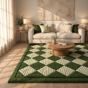 3D Moss Green Diamond Rug - Sage Harlequin Hand Tufted Area Decor - Textured Forest Checkered Carpet - Emerald Floor Mat