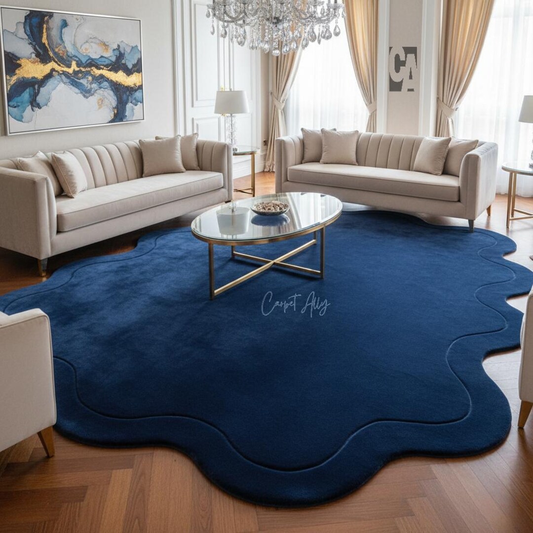 Blue Shell Shapped Rug Navy Blue Scalloped Cloud Rug - Large Organic Shaped Minimalist Area ...