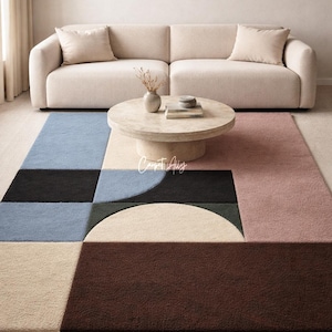 Abstract Color Block Rug - Pastel Pink Blue Geometric Area Decor - Hand Tufted Modern Art Carpet - Multi-Tone Floor Mat