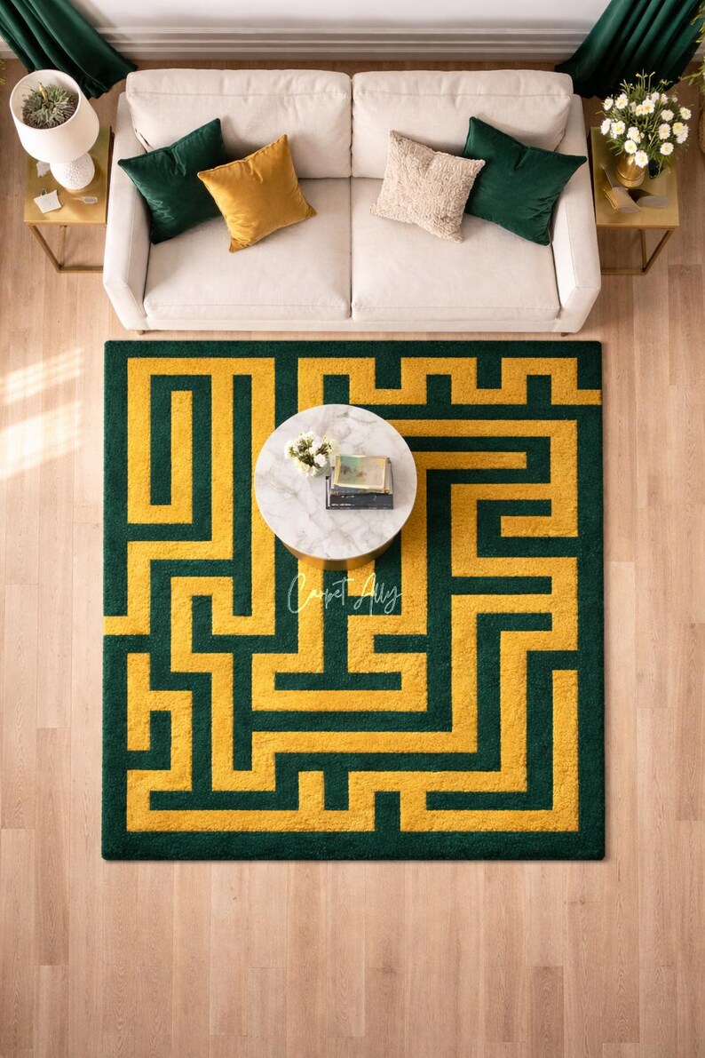 Maze Pattern Rug Hand Tufted Emerald Green Maze Rug – Geometric Labyrinth Pattern - Etsy