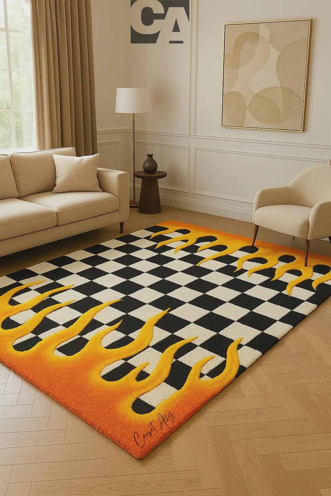Flame Checkered Wool Rug, Hand Tufted Racing Checker Carpet, Bold ...