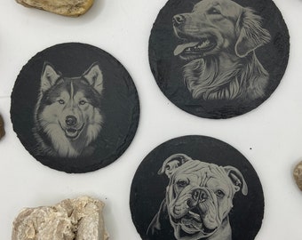 Untersetzer aus Schiefer mit Hundeportrait, Hunde, gelasert auf runden Schiefer 10cm Durchmesser, hohe Auflösung, viele Rassen verfügbar
