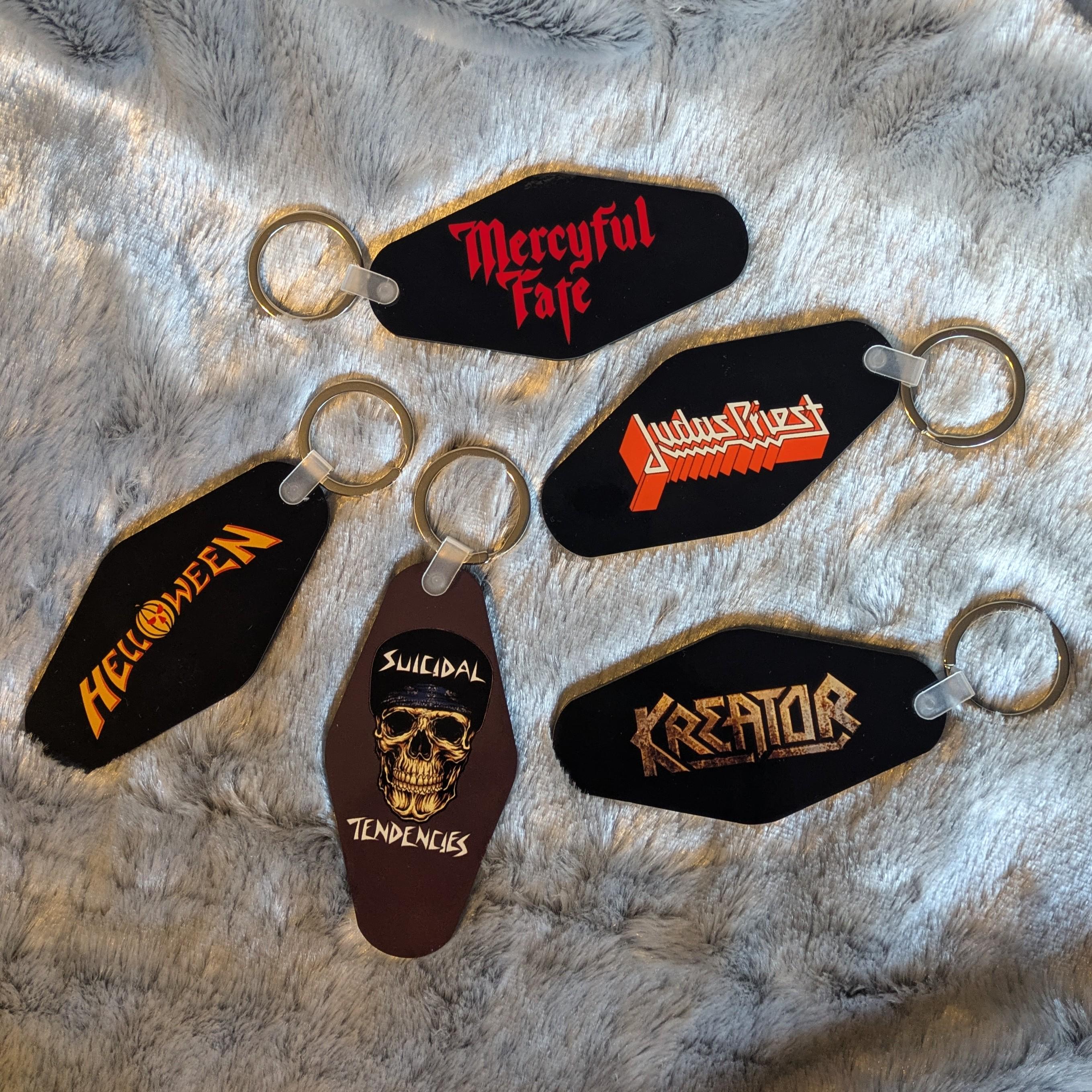 Heavy Metal band keychains, Hard Rock, vintage motel keychain shape