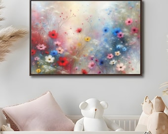 May include: A framed watercolor painting of a field of colorful flowers in shades of pink, blue, red, and yellow. The flowers are painted in a soft, dreamy style, and the background is a soft, hazy blue.