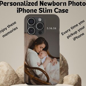 Coque mince personnalisée pour iPhone pour nouveaux parents avec photo et date de naissance, adorable cadeau de vacances pour un nouveau grand-père ou une nouvelle grand-mère, coque unique et élégante