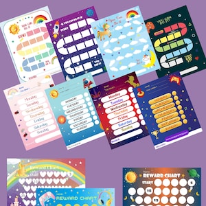 Cuadro de recompensas imprimible para niños pequeños, herramientas de crianza positiva para niños: paquete de cuadros descargables coloridos de unicornio, espacio, juegos y arcoíris